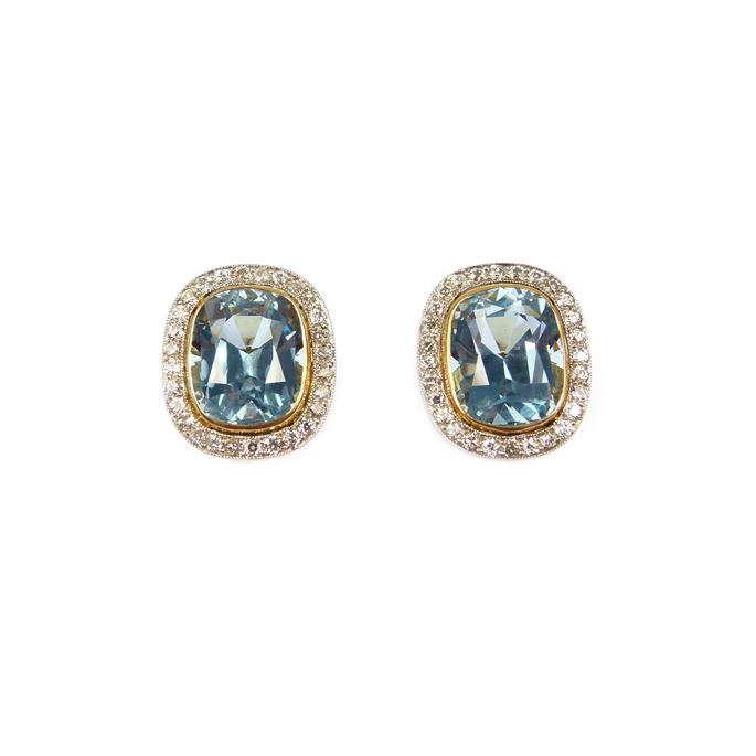 Pair of aquamarine and diamond cluster earrings | MasterArt